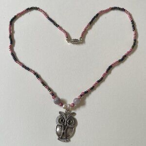 Bead Necklace Faux Pearl Owl Pendant Pink Stone Handcrafted Handmade Choker